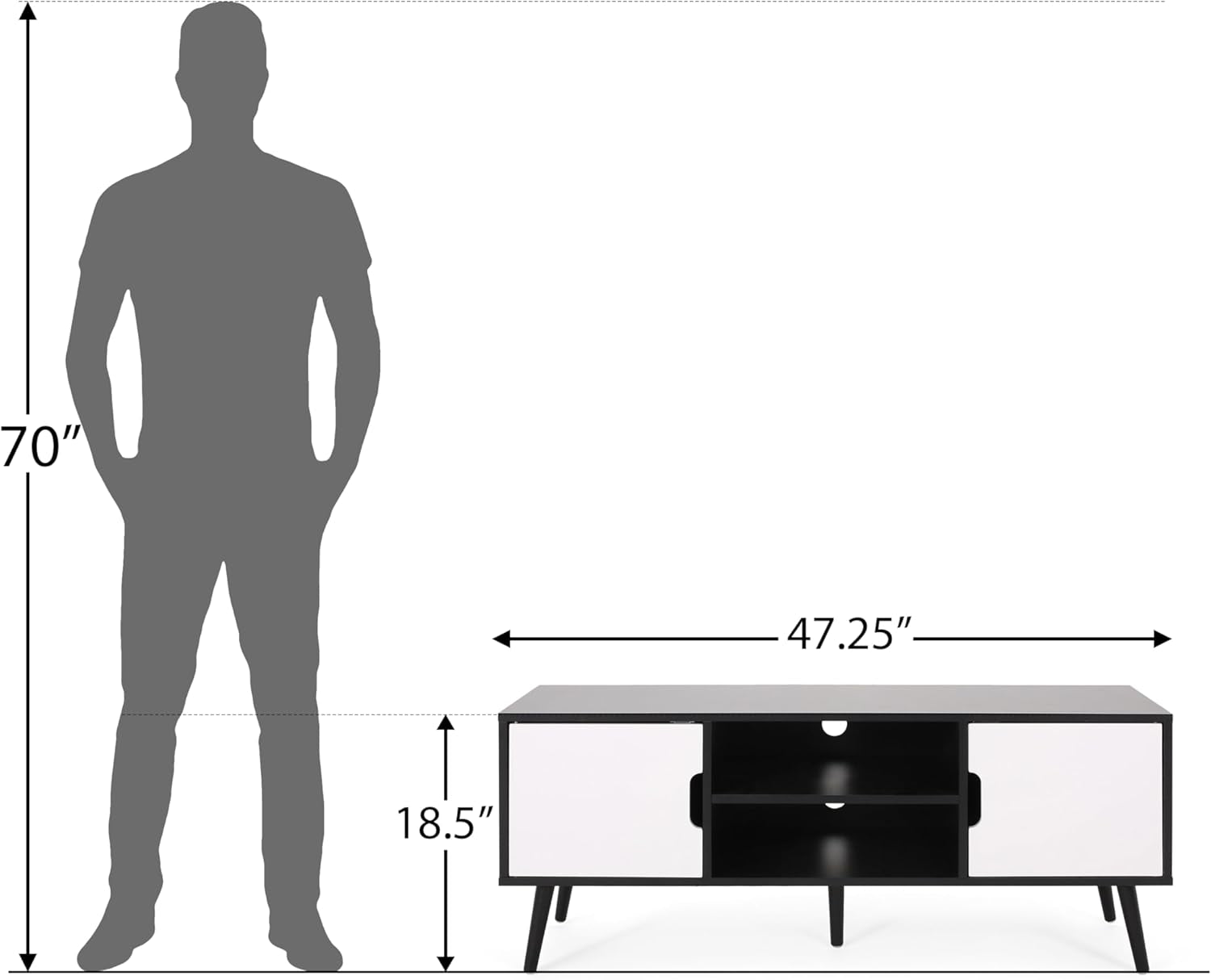 Lena TV Stand with 2 Doors and 2 Shelves, Black, White