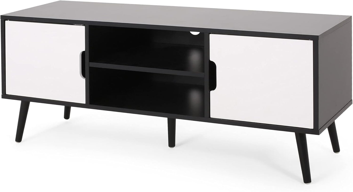 Lena TV Stand with 2 Doors and 2 Shelves, Black, White