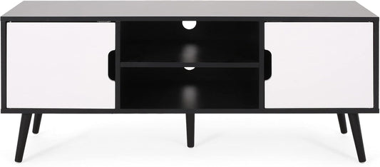 Lena TV Stand with 2 Doors and 2 Shelves, Black, White