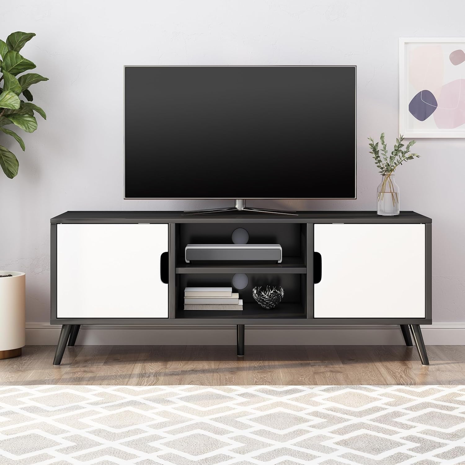 Lena TV Stand with 2 Doors and 2 Shelves, Black, White