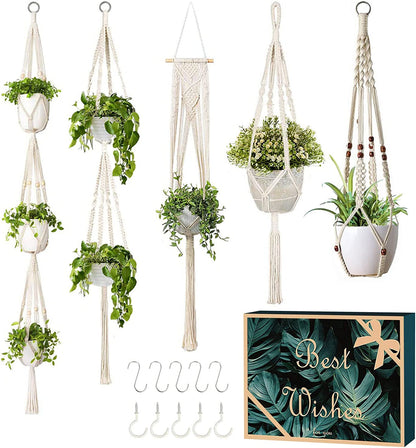 5 Packs Macrame Plant Hangers with 5 Hooks, Different Tiers Handmade Cotton Rope Hanging Planters Set Flower Pots Holder Stand for Indoor Outdoor Boho Home Decor