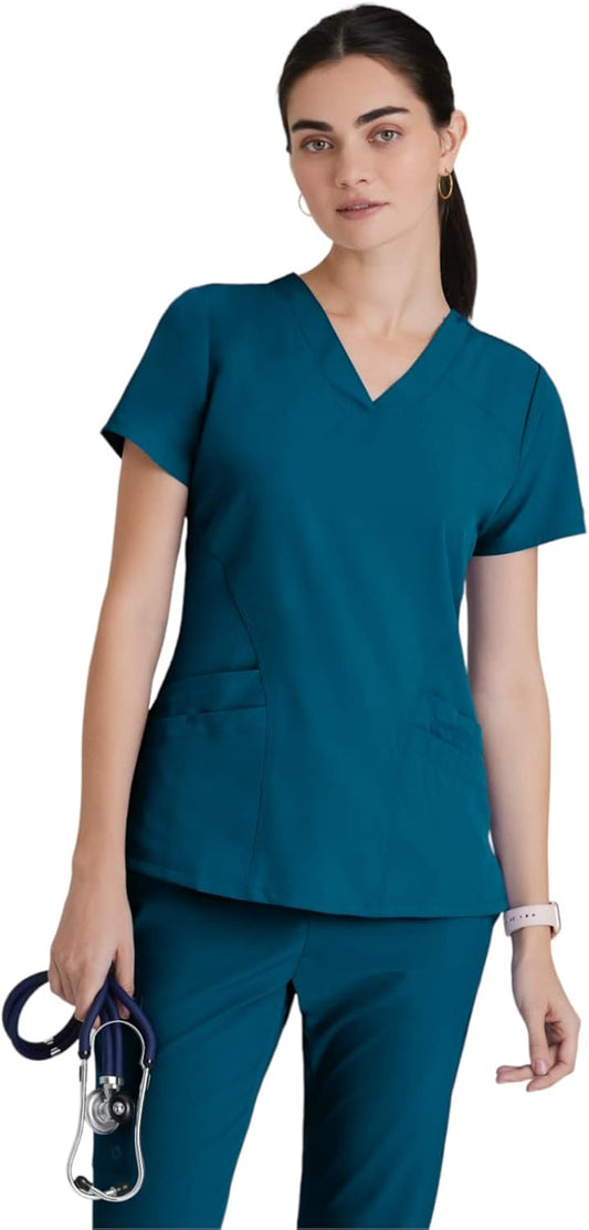 ONE Women'S Pulse Scrub Top, Sporty V-Neck Medical Top W/ 4-Way Stretch & 5 Pockets