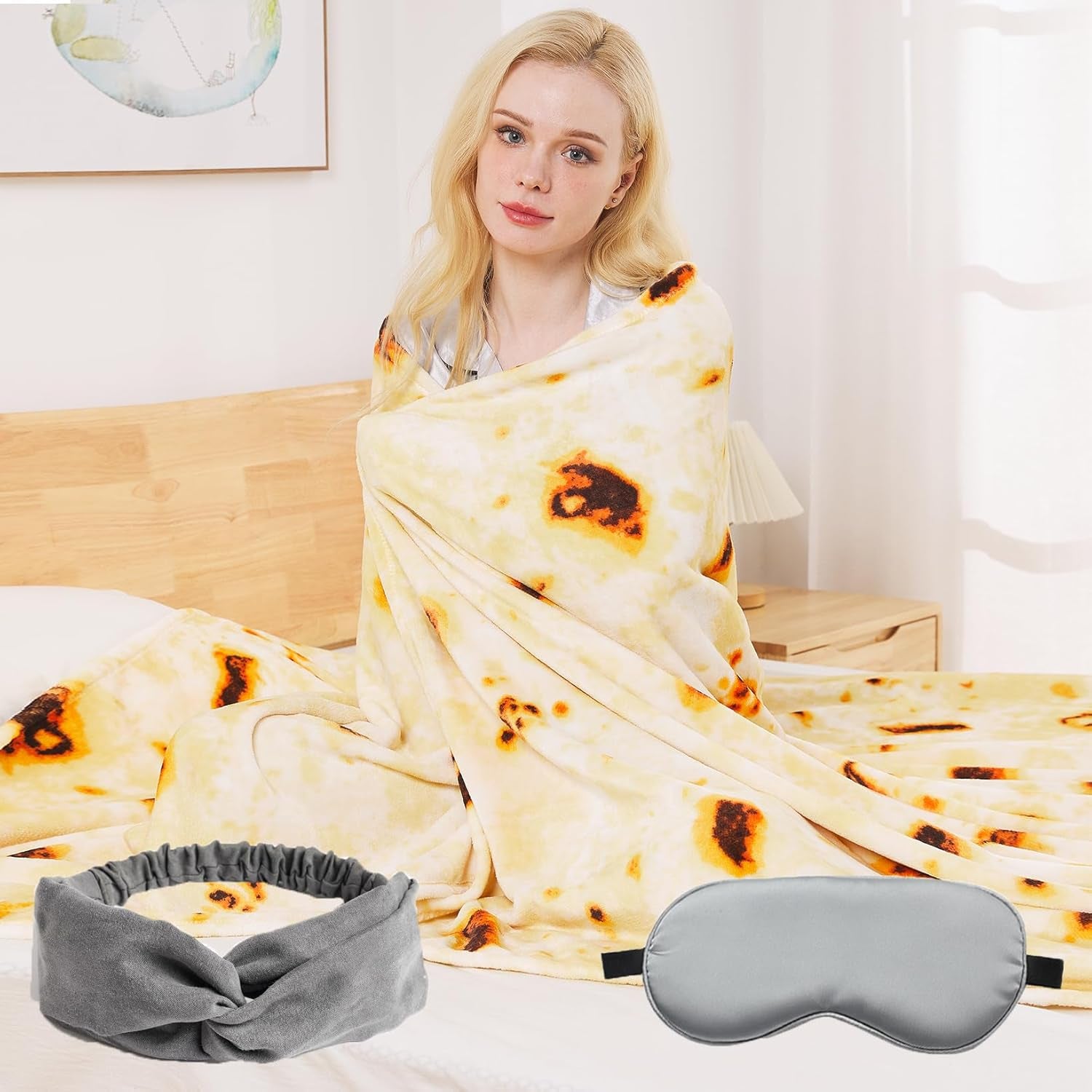 Burritos Tortilla Fleece 66"*90" Bed Blanket with Eye Mask & Headband for All Seasons,Throw Thicken Warm Fuzzy Microplush Lightweight Thermal Fleece Taco Blankets for Bed and Sofa-Twin Size