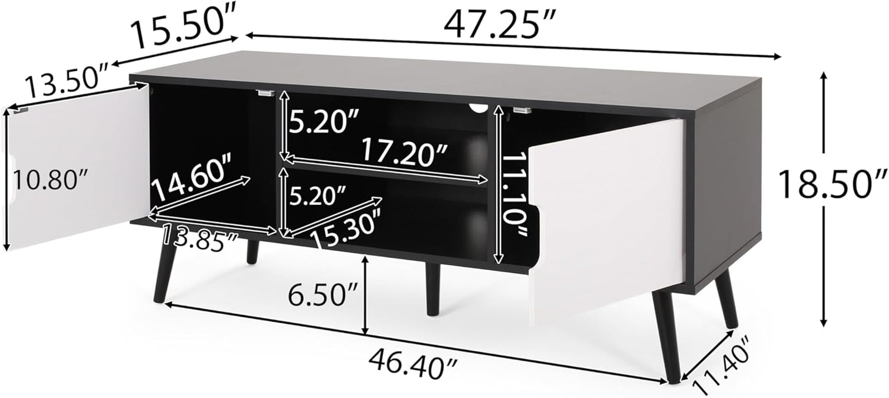 Lena TV Stand with 2 Doors and 2 Shelves, Black, White