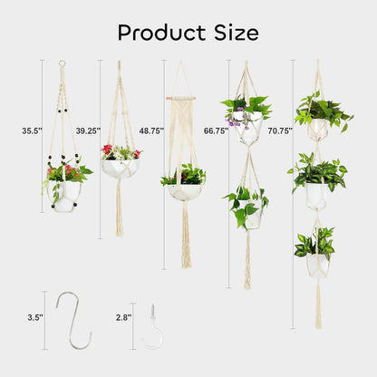 5 Packs Macrame Plant Hangers with 5 Hooks, Different Tiers Handmade Cotton Rope Hanging Planters Set Flower Pots Holder Stand for Indoor Outdoor Boho Home Decor